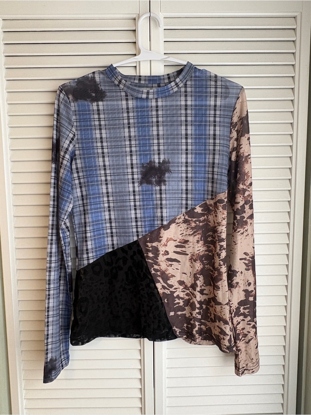 Y2K Style Mixed-Print Long Sleeve Top - Blue, Black & Brown - (Unbranded)